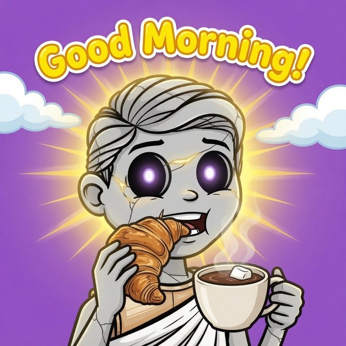 A cute cartoon character with glowing purple eyes enjoys a steaming croissant and hot chocolate against a radiant sunrise, with "Good Morning!" written in bold yellow text at the top. The cheerful image complements the post's "Gm" greeting and coffee giveaway, visually reinforcing the warm, inviting tone of the giveaway announcement.