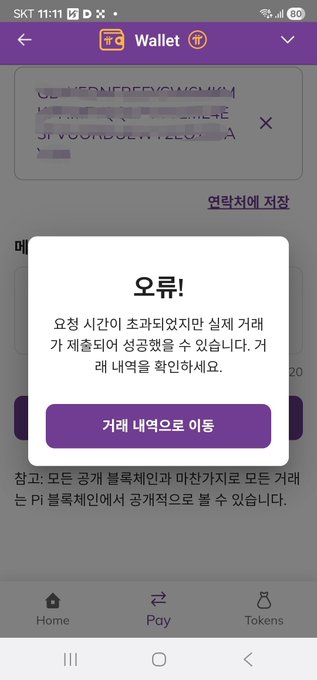 A mobile screenshot of a Korean cryptocurrency wallet app showing an "오류!" (Error!) popup message indicating wallet transaction issues, with a purple "거래 내역으로 이동" (Go to transaction history) button. The error message warns that despite funds being deducted, the transaction may not have been processed properly, directly corresponding to the user's complaint about malfunctioning PI wallet transactions.