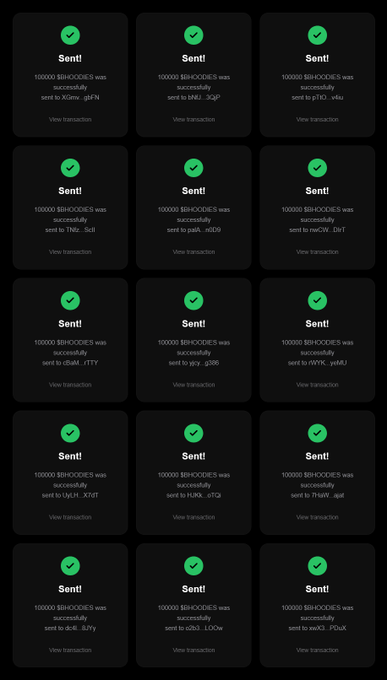 The image shows a grid of transaction confirmation cards, each displaying "Sent! 100000 $BHOODIES was successfully sent" to various Solana (SOL) addresses, with green checkmarks indicating successful transfers. This visually "proves" the airdrop distribution claim from the post, which promises $BHOODIES tokens to the first 500 participants—though the repeated identical amounts to random-looking addresses are a common tactic in crypto scam posts to create false legitimacy.