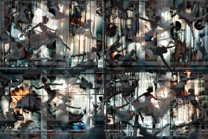 An abstract, chaotic composition featuring fragmented figures and silhouettes appearing as if viewed through fractured or layered glass panels.