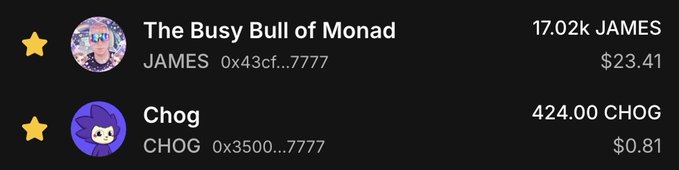 The image displays two cryptocurrency airdrop distributions from Monad: "The Busy Bull of Monad" showing 17.02k JAMES tokens (valued at $23.41) and "Chog" showing 424.00 CHOG tokens (valued at $0.81), both from addresses ending in 7777. The post references the CHOG airdrop, with the image visually confirming the modest 424 token allocation received.