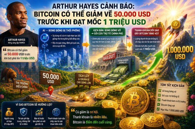 An infographic in Vietnamese featuring Arthur Hayes, co-founder of BitMEX, with the headline warning that Bitcoin could drop to $50,000 USD before reaching $1 million USD, illustrating AI bubbles, government bond bailouts, and market crashes.