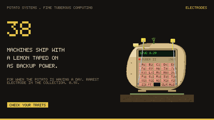 A pixel-art digital card for "POTATO SYSTEMS - FINE TUBEROUS COMPUTING" showing electrode #38 with text explaining backup power comes from a taped lemon and a 0.9% chance of rare electrodes, alongside an illustration of a monitor with electrodes inserted into a potato.