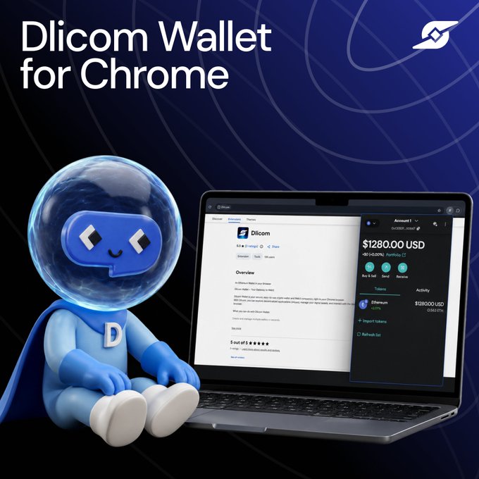 The image features a laptop computer with a screen displaying a webpage, along with a small blue robot figure sitting next to the laptop. The text "Dlicom Wallet for Chrome" is written above the robot's head, indicating that the robot is associated with the Dlicom wallet application designed specifically for use on Chrome browsers.