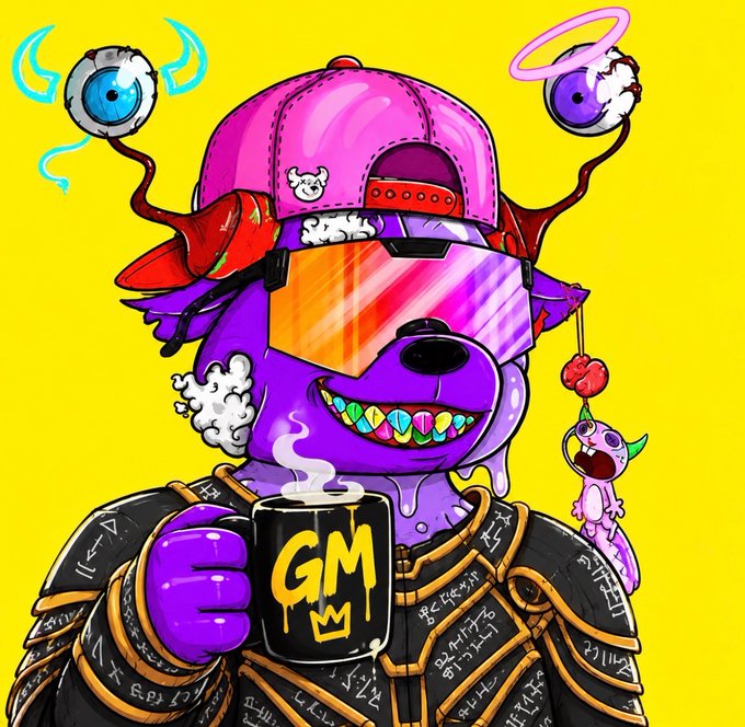 A colorful digital illustration of a purple cartoon bear character wearing a pink cap, reflective ski goggles, and graffiti-covered jacket, holding a 'GM' mug against a yellow background.
