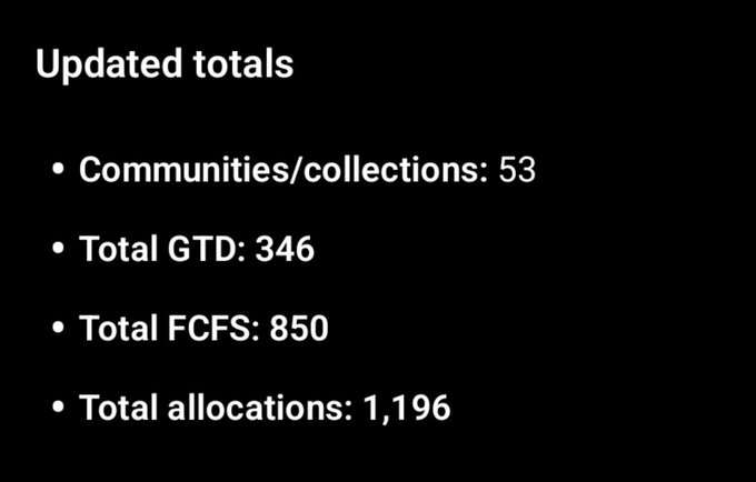A black slide titled 'Updated totals' listing 53 communities/collections, 346 Total GTD, 850 Total FCFS, and 1,196 Total allocations.