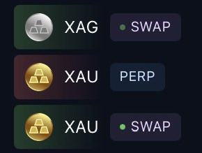 A cryptocurrency exchange interface displays trading pairs: "XAG" with "SWAP", "XAU" with "PERP", and "XAU" with "SWAP" options.