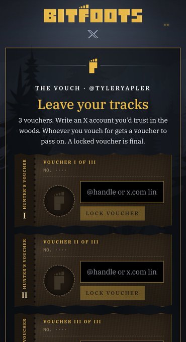 A digital voucher page titled 'BITFOOTS - Leave your tracks' by @TYLERYAPLER, featuring three 'HUNTER'S VOUCHER' slots where users can input an '@handle or x.com link' and click 'LOCK VOUCHER'.