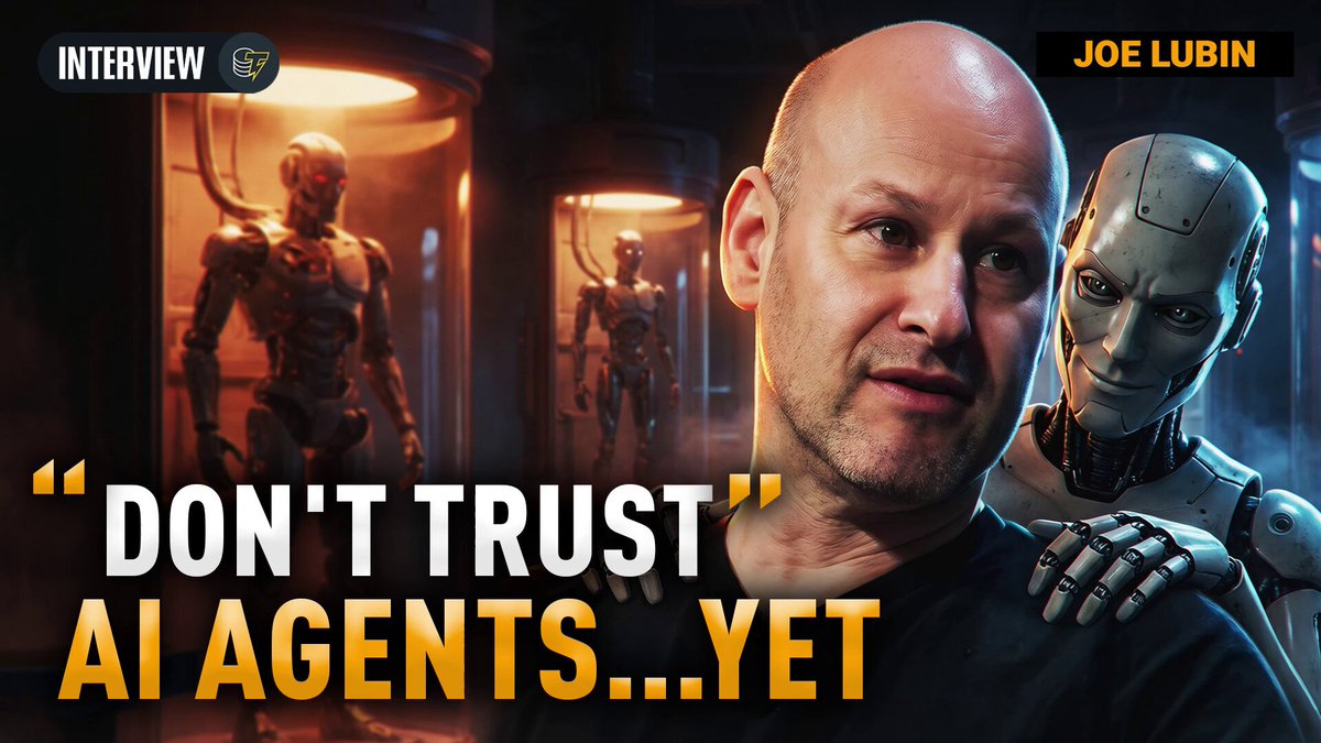 The image features a man standing next to a robot with an AI agent, both of them appearing as characters from a movie or TV show. The text "Don't trust AI agents yet" is written above the scene, which seems to be related to the conversation between Joe Lubin and the character in the image.