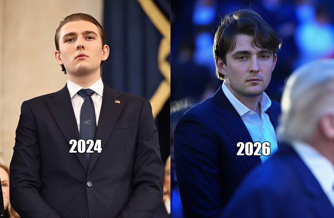 The image shows a side-by-side comparison of Barron Trump, labeled "2024" (left, appearing younger with slicked-back blonde hair in a dark suit and tie) and "2026" (right, appearing older with tousled brown hair in a navy blazer), highlighting his rapid maturation and contrast in apparent demeanor—paired with the caption "Being a Crypto investor isn't stressful," the meme humorously suggests his age progression reflects the effects of cryptocurrency investing.
