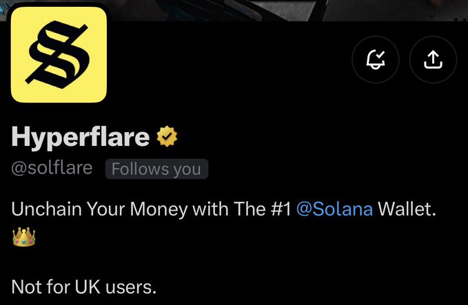 A social media profile for 'Hyperflare' (@solflare) with the tagline 'Unchain Your Money with The #1 @Solana Wallet' and a note 'Not for UK users.'