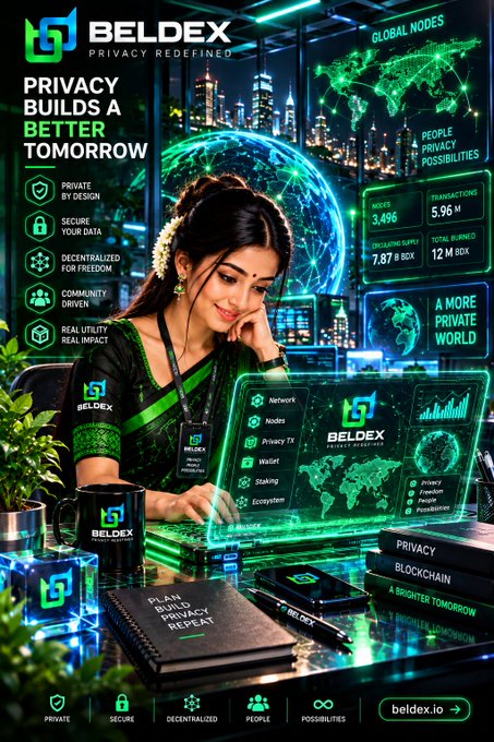 A promotional advertisement for BELDEX featuring a woman in a green sari working at a futuristic laptop, with text including 'PRIVACY BUILDS A BETTER TOMORROW', 'GLOBAL NODES', 'PEOPLE PRIVACY POSSIBILITIES', and the website 'beldex.io'.