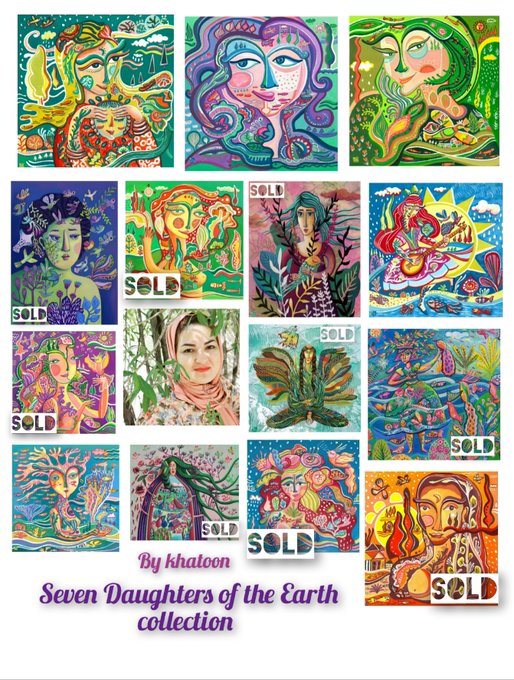 A promotional collage for the 'Seven Daughters of the Earth collection' by artist khaloon, featuring 15 colorful, surreal paintings with several marked 'SOLD'.