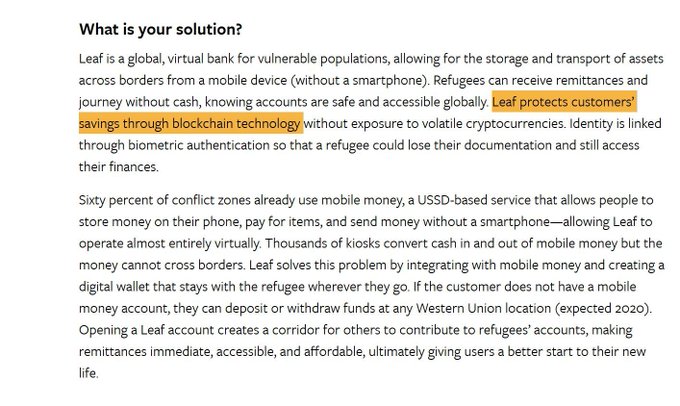 A text description of 'Leaf,' a virtual bank for vulnerable populations, with the phrase 'Leaf protects customers' savings through blockchain technology' highlighted in yellow.