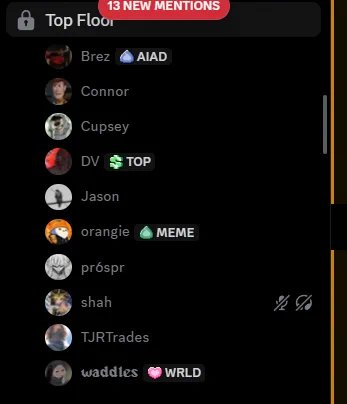 A dark-mode mobile app screenshot showing a 'Top Floor' leaderboard list with '13 NEW MENTIONS', featuring user profiles like Brez (AIAD), Cupsey, DV (TOP), orangie, and others.