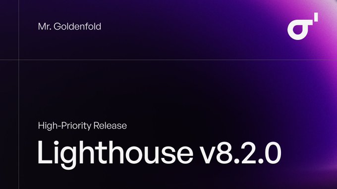 The image shows a poster or banner for a software release named "Lighthouse v8.2.0", which is a high priority release containing fixes for several security vulnerabilities, optimisations, and new features. The poster also mentions that users should upgrade as soon as practical and highlights the importance of validator client users reviewing the fee-recipient and graffiti.