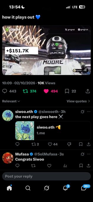 A mobile screenshot from a phone showing a social media post by siwoo.eth celebrating a profit of +$151.7K (+108.66%), with comments congratulating Siwoo including one from Mufasa (@SolMufasa).