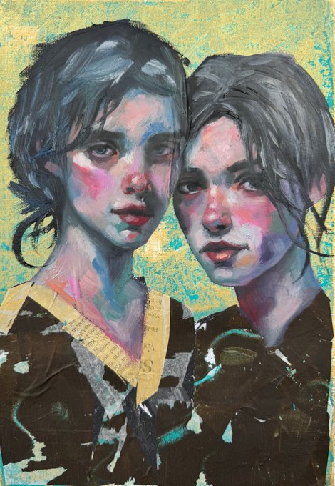 A colorful mixed-media portrait painting of two young figures with short dark hair, rendered with expressive brushstrokes in pinks, blues, and yellows.