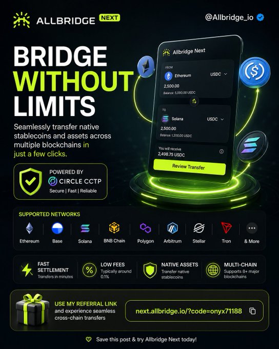 An advertisement for 'Allbridge Next' promoting 'BRIDGE WITHOUT LIMITS' to seamlessly transfer stablecoins across blockchains like Ethereum, Base, Solana, BNB Chain, and Polygon, powered by Circle CCTP.