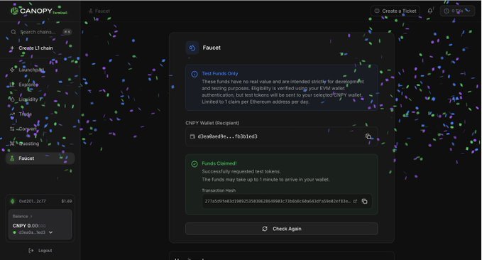 Screenshot of the Canopy Terminal interface showing a 'Faucet' page with confetti animation, displaying 'Funds Claimed!' for test tokens sent to an Ethereum address.