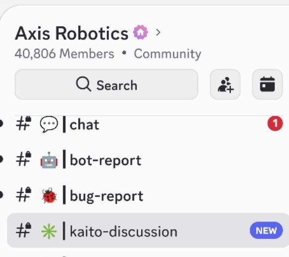 A Discord server interface for "Axis Robotics" shows 40,806 members and lists channels including "chat," "bot-report," "bug-report," and a new "kaito-discussion" channel.