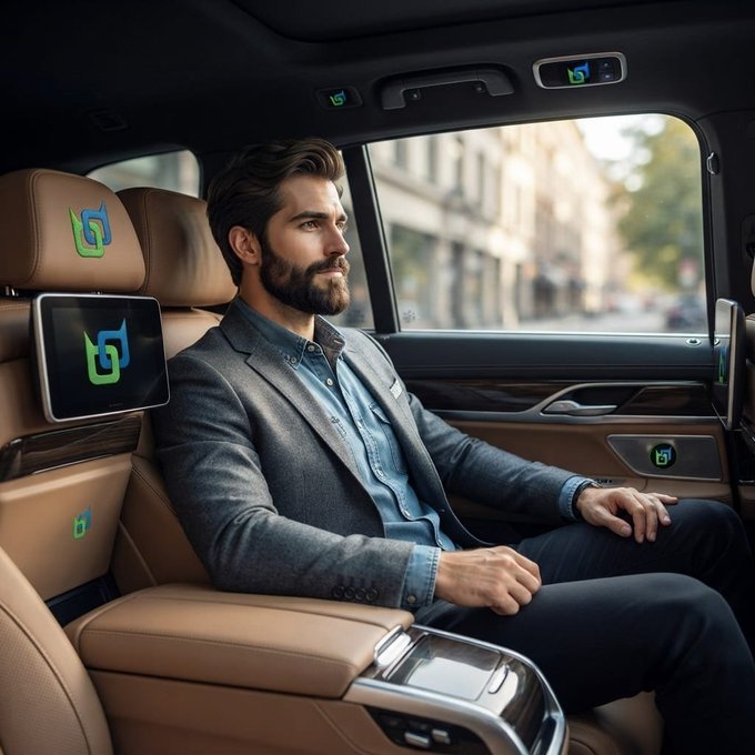 A bearded man in a gray blazer and blue shirt sitting in the back seat of a luxury car, looking out the window at a city street, with green and blue "bj" logos appearing throughout the scene.