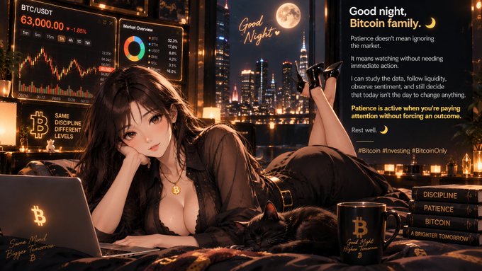 An anime-style illustration of a woman lying down with a black cat, Bitcoin logo, and laptop, set against a night cityscape with BTC/USDT price charts showing 63,000.00, and a message titled 'Good night, Bitcoin family.'