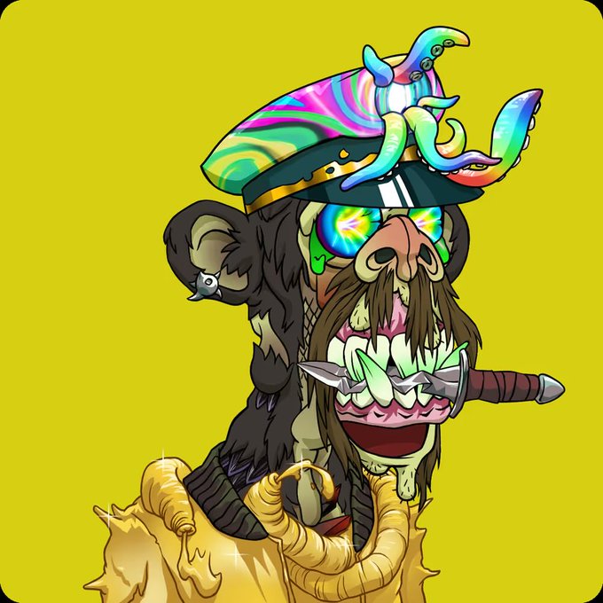 A cartoon illustration of a wild bearded character wearing a swirling tie-dye captain's hat, rainbow shutter shades, and holding a knife between his teeth, with tentacle-like forms below, set against a bright yellow background.