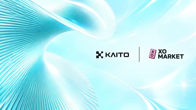 The image showcases a promotional graphic with a flowing, light blue abstract wave design featuring the "KAITO" and "XO MARKET" logos side by side, visually representing the partnership highlighted in the post about XO Market's Katalyst Campaign launching on Kaito Studio to revamp prediction markets.
