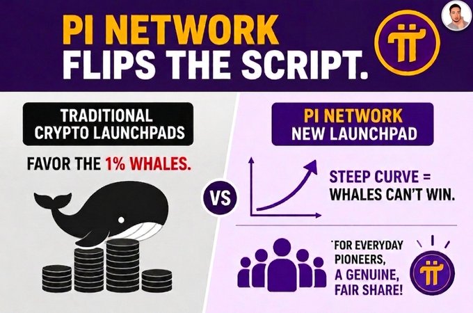A promotional graphic titled 'PI NETWORK FLIPS THE SCRIPT' comparing traditional crypto launchpads, which favor '1% WHALES' (depicted by a whale on coin stacks), versus Pi Network's new launchpad featuring a 'STEEP CURVE' that ensures 'WHALES CAN'T WIN' and provides 'A GENUINE, FAIR SHARE' for everyday pioneers.