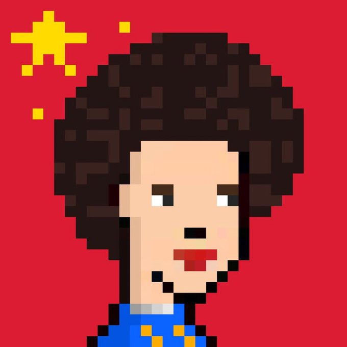 Pixel art portrait of a person with a large afro hairstyle against a red background with yellow star shapes.