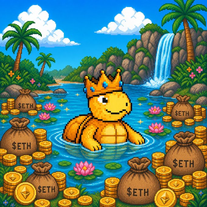 A pixel-art turtle wearing a crown lounges in a tropical oasis surrounded by burlap sacks and coins labeled "$ETH," evoking the wealth theme of the "turtlefees.com/depths" jackpot giveaway mentioned in the post.