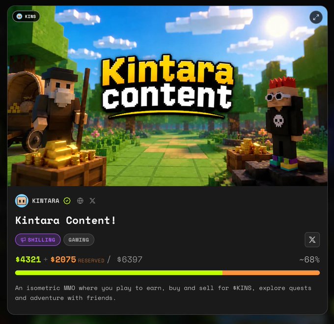 A promotional banner for "Kintara Content" displayed on the Shillz platform, showing voxel-style characters with gold bars in a Minecraft-like setting. The listing shows $4321 earned + $2075 reserved out of a $6397 goal (~68% progress) for Kintara ($KINS), described as an isometric MMO where players earn, buy, and sell for $KINS—tying into the post's tip about earning $KINS tokens by sharing content about the game via Shillz.