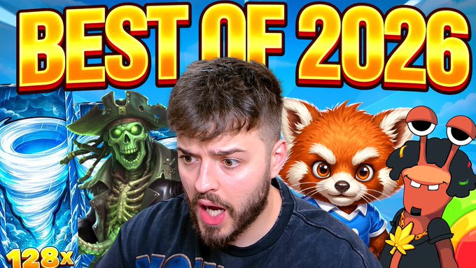 YouTube thumbnail reading 'BEST OF 2026' showing a man with a surprised expression surrounded by video game characters including a skeleton pirate, a red panda, and a crab character.