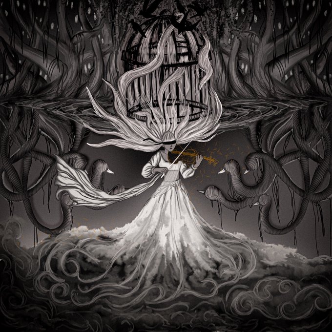 A black and white illustration depicts a woman with flowing hair playing a violin, her dress billowing into clouds while surrounded by gnarled, twisted tree roots.