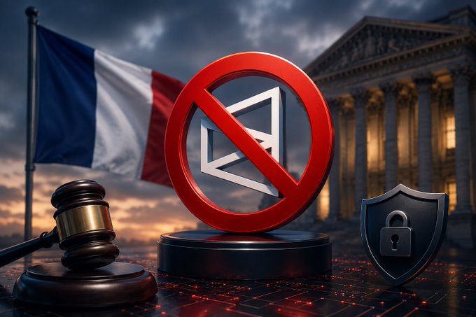 A red prohibition sign overlaid on a ballot box stands before the French flag, a gavel, and a courthouse, visually representing France's formal blocking of the Polymarket betting platform. A shield with a padlock reinforces the theme of regulatory restriction and enforcement by authorities.