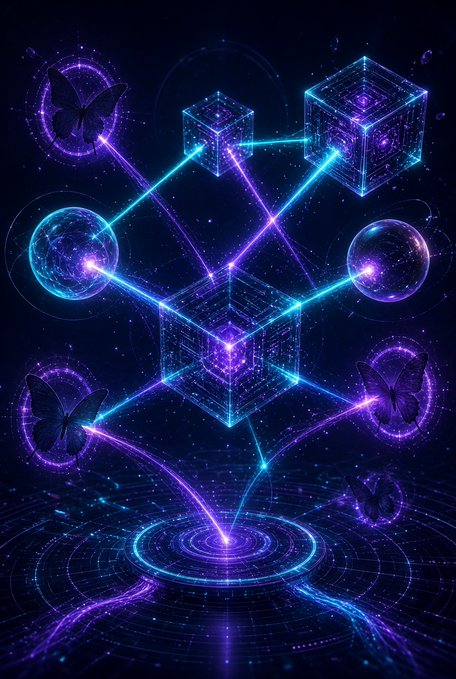 A digital art piece depicting glowing purple and blue geometric shapes, cubes, spheres, and butterflies connected by luminous lines against a dark cosmic background.