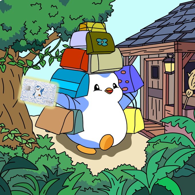 The image features a cartoon penguin standing next to a tree with bags of shopping bags piled up on its head, giving the impression that it has been shopping for various items. The post related to this image encourages shoppers to use stablecoins like Kast Card to optimize their cash flow and maximize their returns from online purchases.