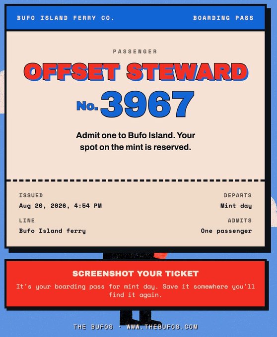 A digital boarding pass for Bufo Island Ferry Co. for passenger 'OFFSET STEWARD' No. 3967, issued Aug 20, 2026, 4:54 PM, with instructions to 'SCREENSHOT YOUR TICKET'.