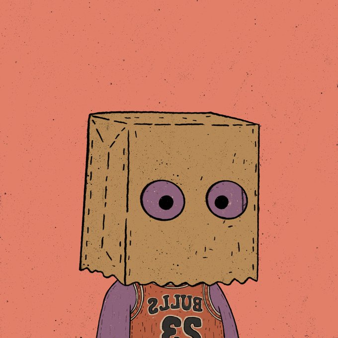 A cartoon illustration shows a character with a brown paper bag over its head featuring two large purple eyes with black pupils. The character wears an orange and purple basketball jersey with "BULLS" and the number "23" visible (appearing mirrored/reversed) on the chest, set against a textured coral background.