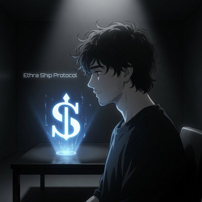 An anime-style illustration of a young man with dark messy hair sitting in a dimly lit room, looking at a glowing blue holographic dollar sign on a table with the text 'Ethra Ship Protocol' displayed.