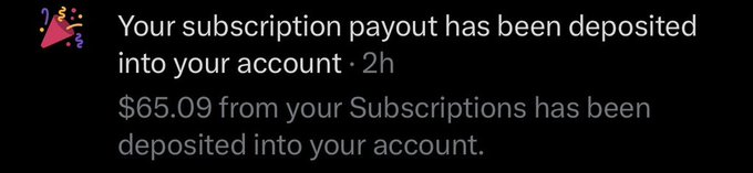 A notification from the platform reads "Your subscription payout has been deposited into your account," showing a $65.09 deposit from Subscriptions, which the poster is rounding up to $250 for a giveaway offering $5 to 50 entrants who submit their Solana wallet addresses.