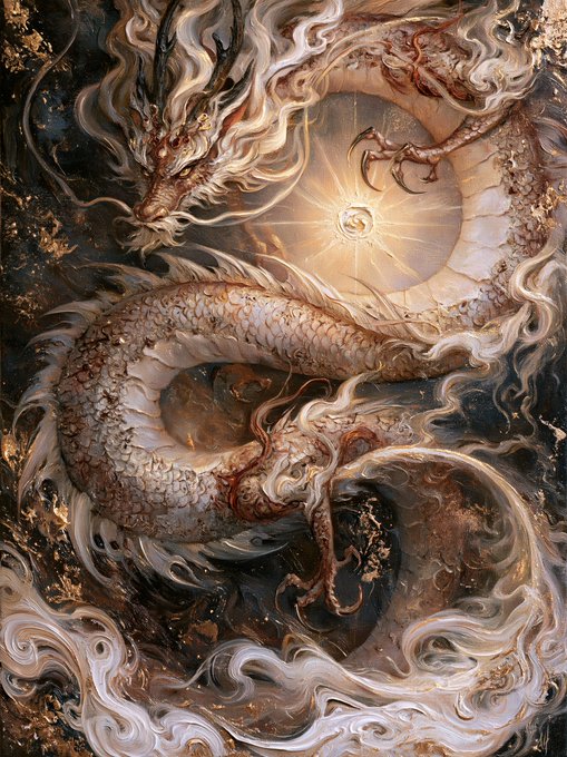 A detailed illustration of a white and gold dragon coiling around a glowing circular orb, surrounded by flowing mist and swirling waves.