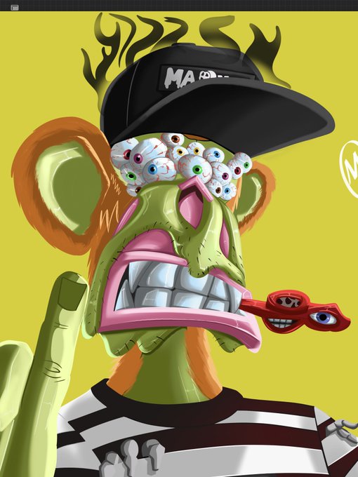 A surreal digital illustration of a green monkey-like character wearing a black cap, with multiple eyeballs covering its eyes and a mouth revealing teeth, set against a yellow background.