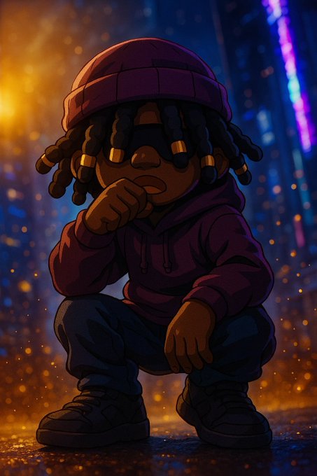 A stylized cartoon illustration of a figure crouching in a city at night, wearing a red beanie, dark hoodie, and sunglasses, with dreadlocks adorned with gold beads.