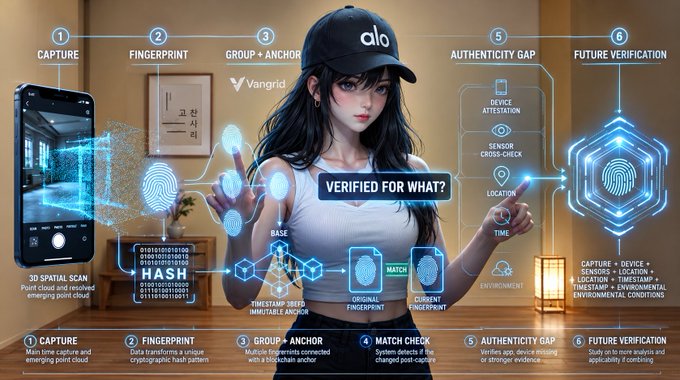 Digital infographic by Vangrid explaining biometric authentication through six steps—Capture, Fingerprint, Group + Anchor, Match Check, Authenticity Gap, and Future Verification—using the prompt "VERIFIED FOR WHAT?" over a stylized image of a woman interacting with technology.