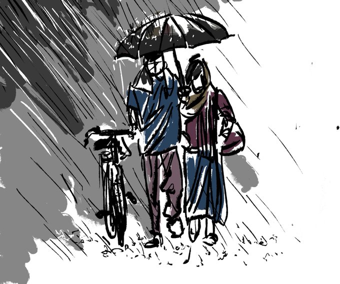 An expressive ink and watercolor sketch depicting two figures sharing an umbrella in the rain, with one holding a bicycle beside them, rendered in blue and dark tones.