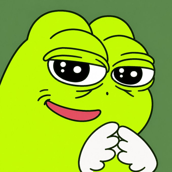A Pepe the Frog meme character with droopy eyes clasps its white-gloved hands together against a green background.