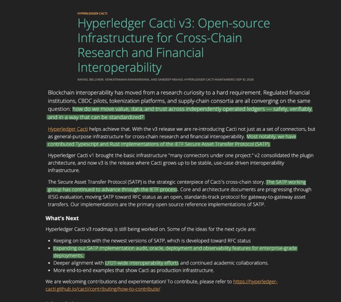 A blog post titled 'Hyperledger Cacti v3: Open-source Infrastructure for Cross-Chain Research and Financial Interoperability' by Rafael Belchior, Venkataraman Ramakrishna, and Sandeep Nishad, discussing blockchain interoperability and the IETF Secure Asset Transfer Protocol (SATP).