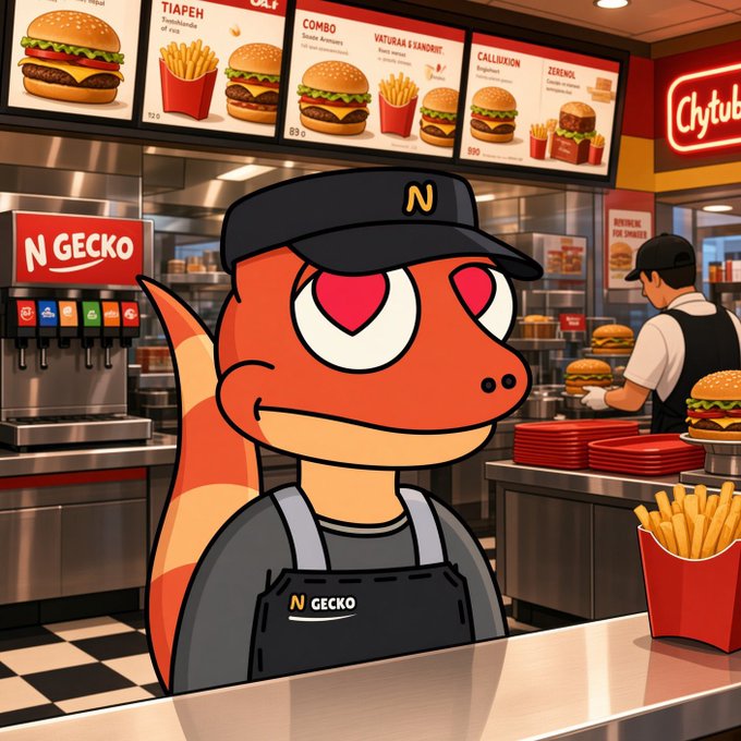 A cartoon illustration depicts an orange lizard-like character with heart-shaped eyes wearing a black cap and apron, working the counter of a fast-food restaurant with 'N GECKO' signage and burger menu boards visible behind.
